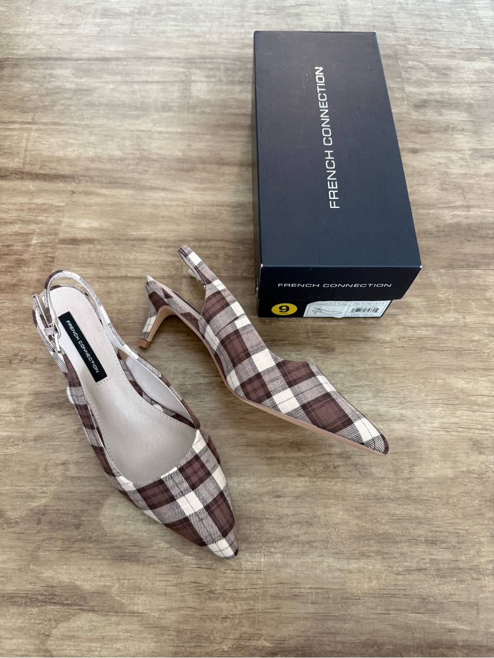 French Connection Quinn Brown Plaid Slingback Pointed Toe Pumps Size US9